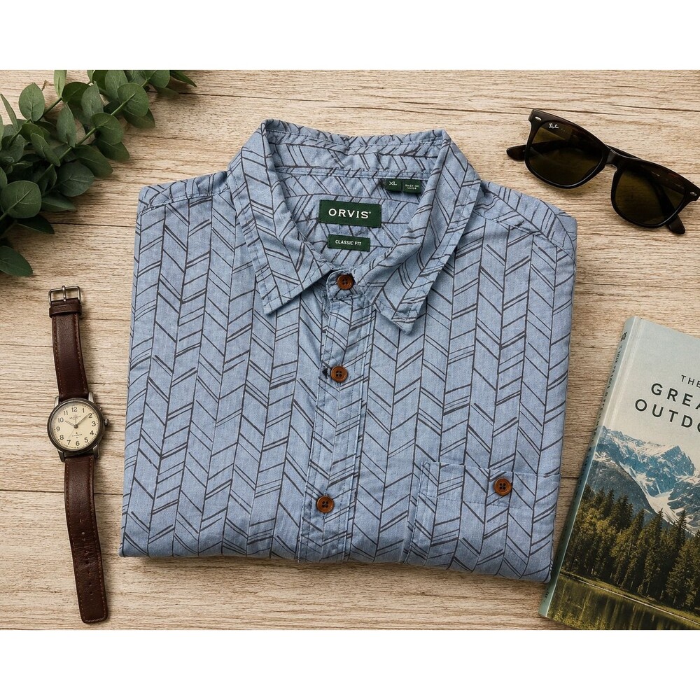 Orvis Men's XL Hemp Lyocell Lightweight Relaxed Shirt Blue Gray Herringbone